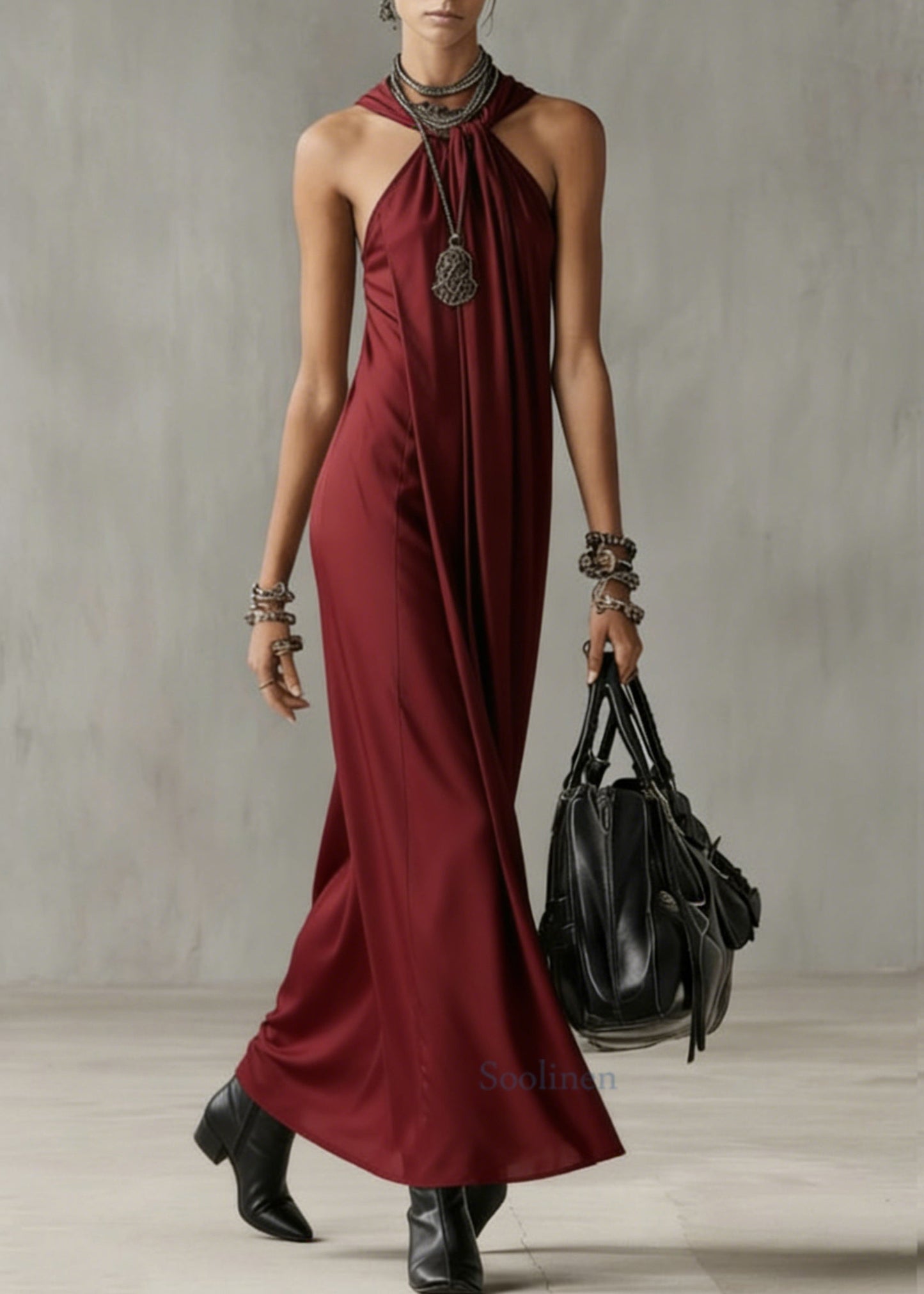Art Red Wrinkled Cold Shoulder Long Dresses Summer