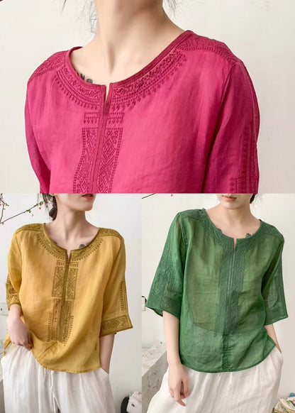 Art Rose Embroidered Linen Blouse Top Half Sleeve