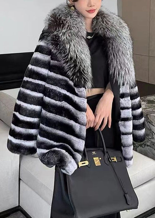 Art Striped Rabbit Hair Collar Leather and Fur Coat Winter