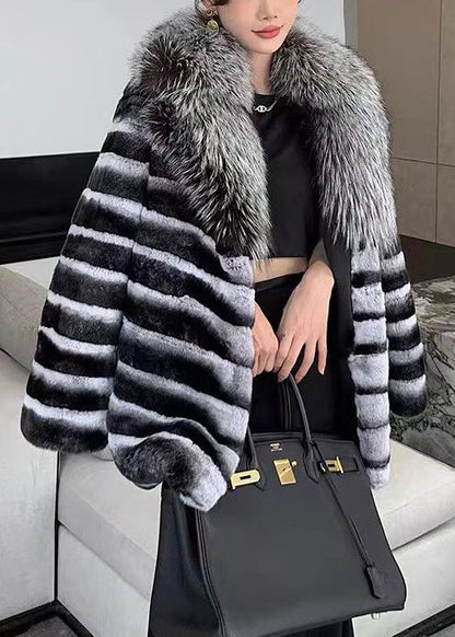 Art Striped Rabbit Hair Collar Leather and Fur Coat Winter