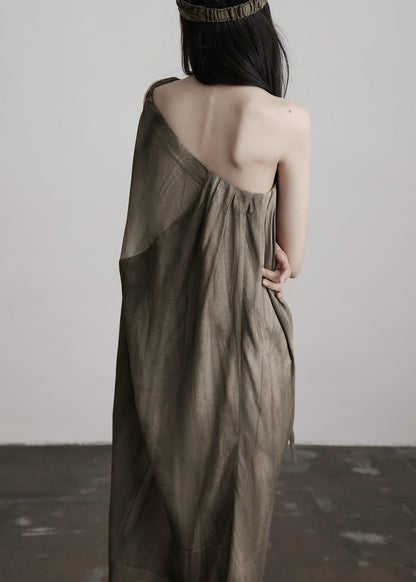 Art Tea Brown Cold Shoulder Wrinkled Patchwork Silk Dresses Summer