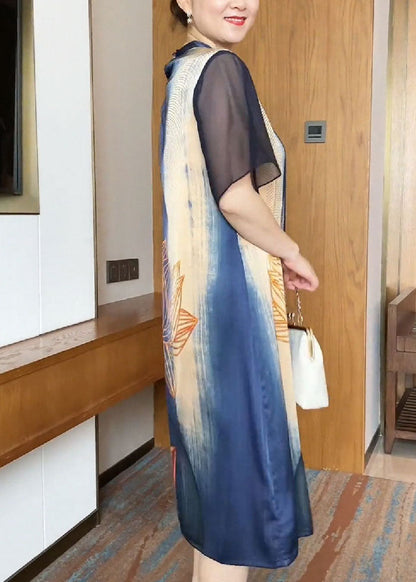 Art Tibetan Blue O-neck Tulle Patchwork Silk Long Dresses Short Sleeve