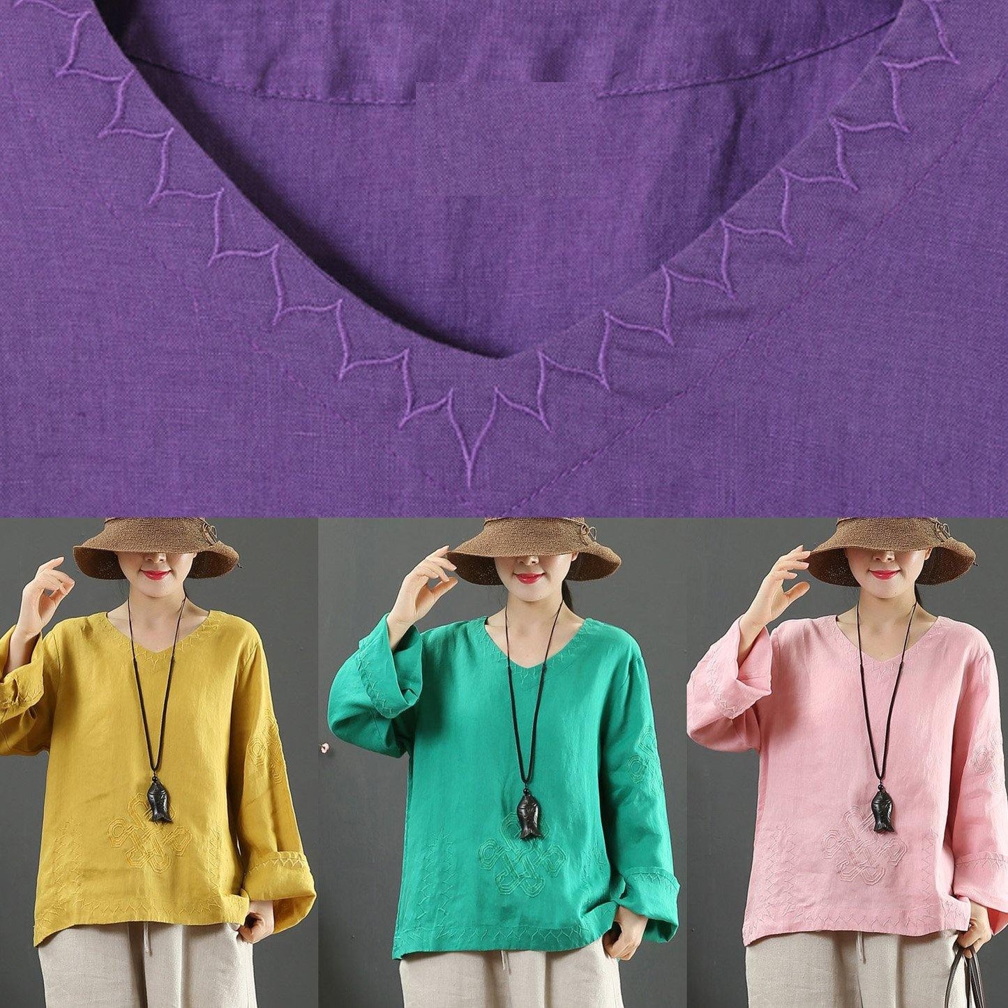 Art V Neck Embroidery Spring Purple Blouse