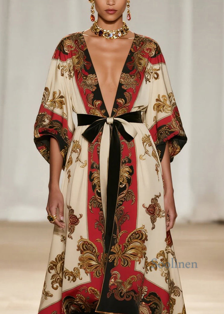 Art V Neck Print Low High Design Cotton Ankle Dress Spring