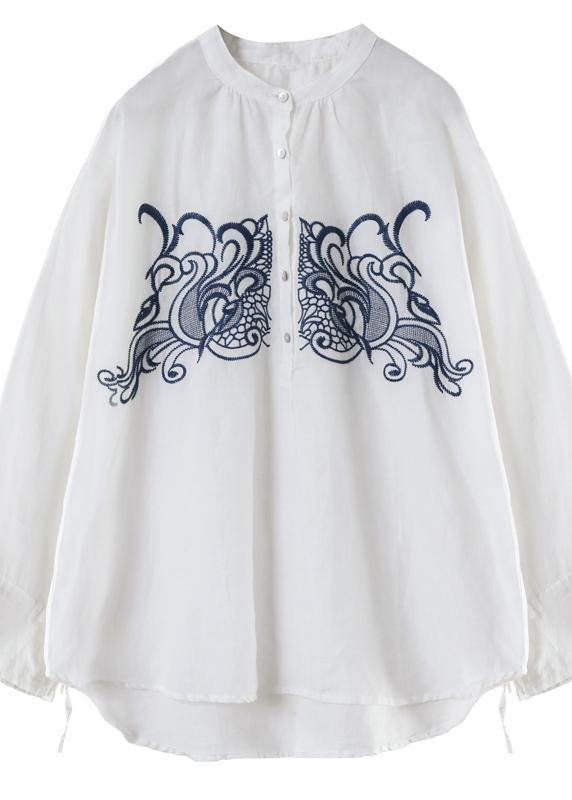 Art White Embroidery Tops Women Stand Collar Daily Spring Top