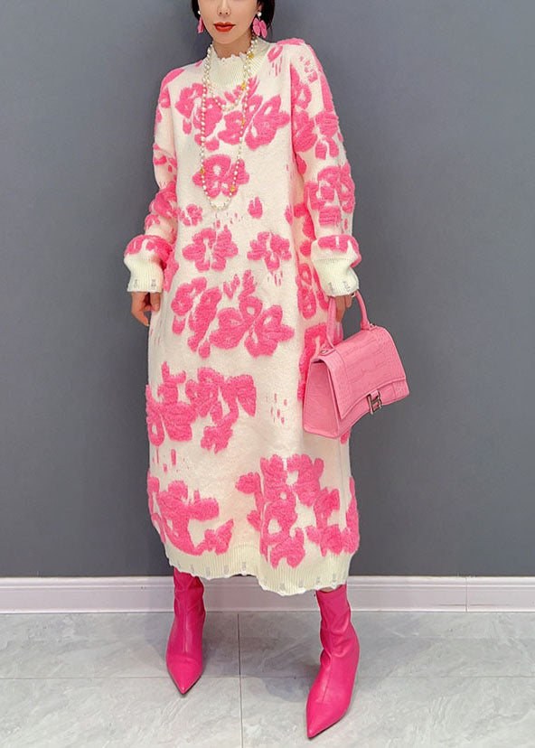 Art White Hign Neck Jacquard Knit Loose Sweater Dress Winter