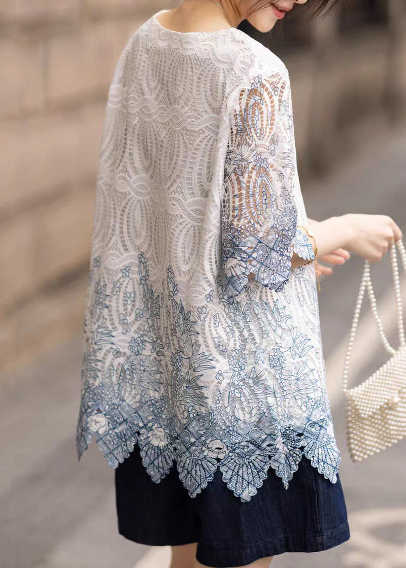Art White O-neck Hollow Out Cotton Shirts Half Sleeve
