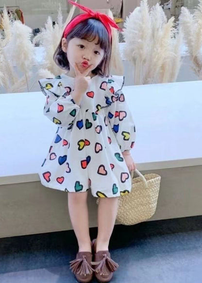 Art White O-neck Print Mid Dress Long Sleeve