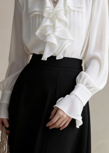 Art White Peter Pan Collar Ruffled Chiffon Shirts Spring