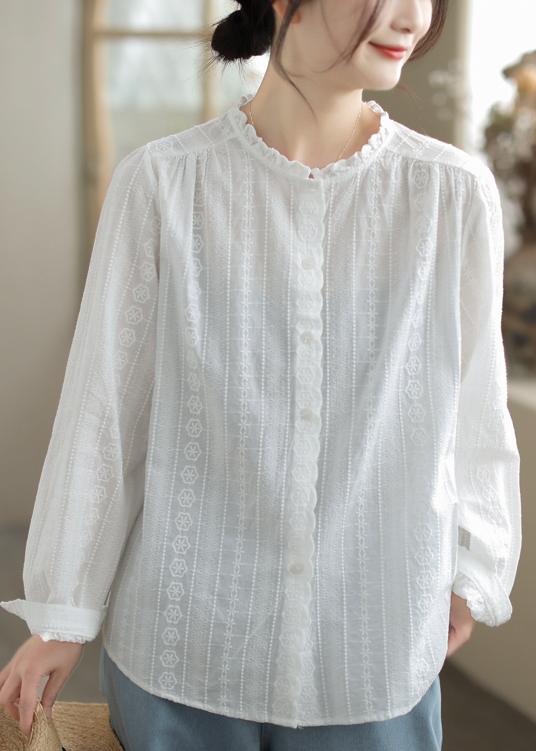 Art White Ruffled Embroidered Cotton Shirt Top Spring