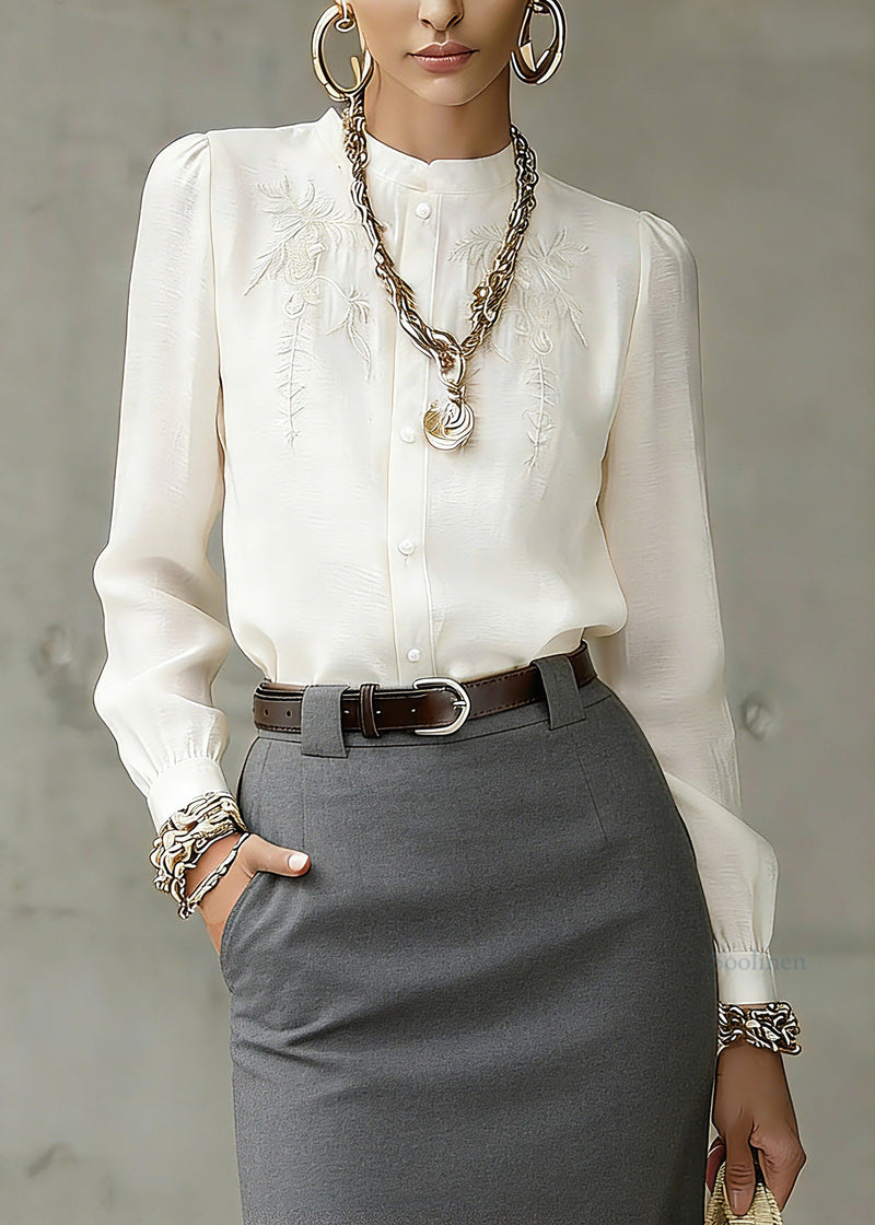 Art White Stand Collar Embroidered Top Spring