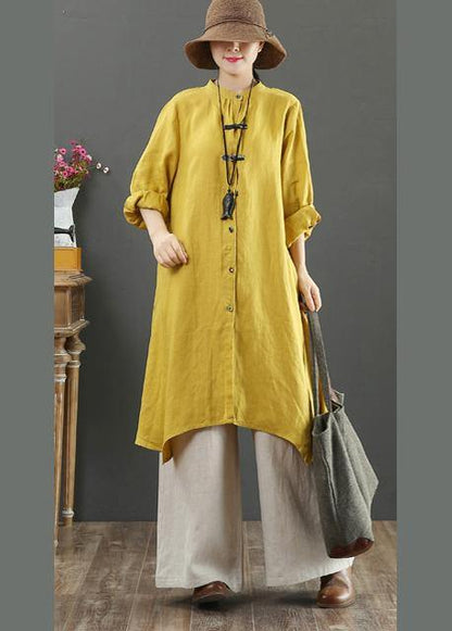 Art Yellow Blouses For Women Stand Collar Asymmetric Spring Top