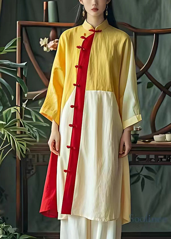 Art Yellow Mandarin Collar Patchwork Linen Oriental Dress Summer