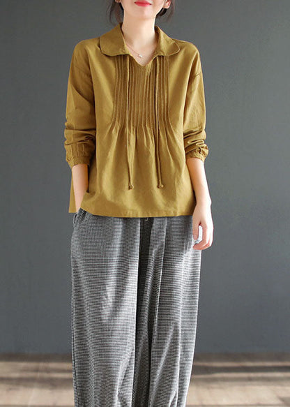 Art Yellow Peter Pan Collar Wrinkled Patchwork Cotton Shirt Top Spring