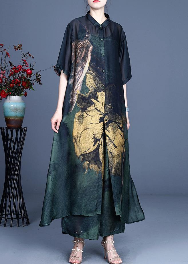 Art Yellow Print Half Sleeve Wide Leg Two Pieces Set