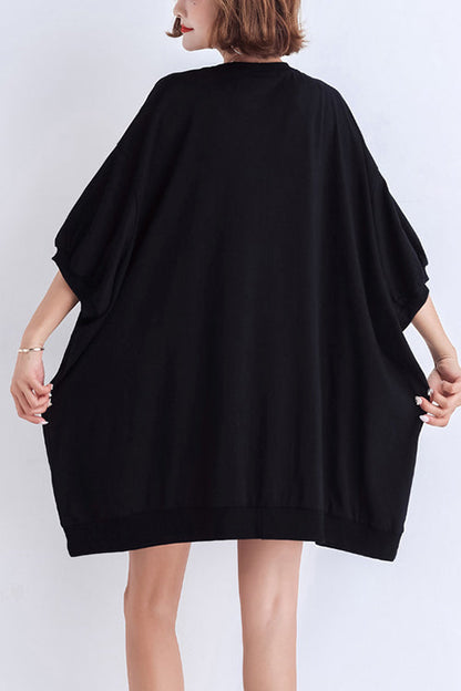 Art Black Cotton Blouse Outfits O Neck Batwing Sleeve Midi Summer Top