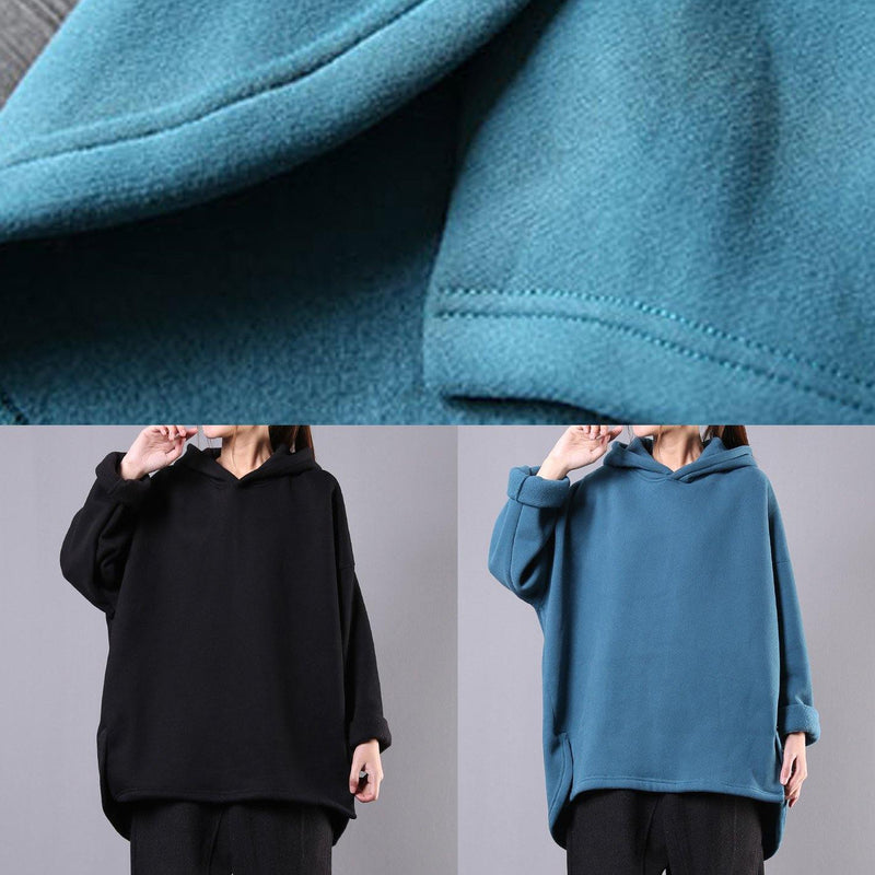 Art Black Cotton Blouse Hooded Pockets Dresses Top