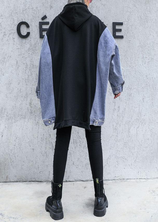 Art Black Hooded Cotton Clothes Patchwork Daily Fall Tops