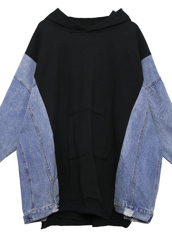 Art Black Hooded Cotton Clothes Patchwork Daily Fall Tops