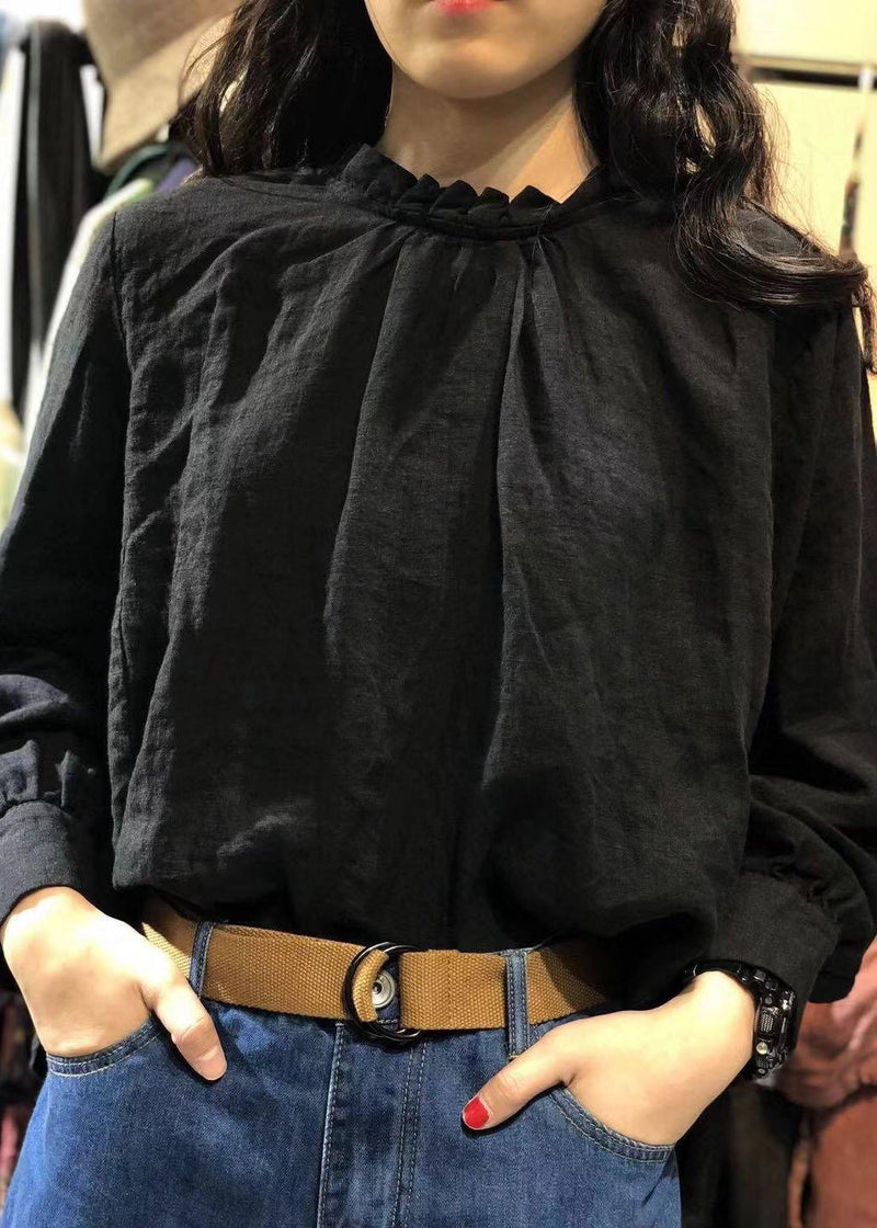 Art Black Linen Tunics for Stand Collar Cotton Fall Blouse