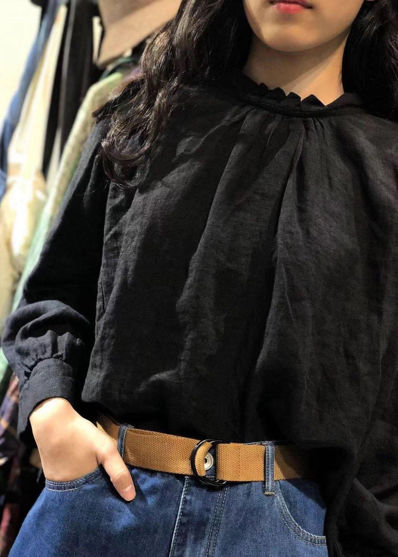 Art Black Linen Tunics for Stand Collar Cotton Fall Blouse