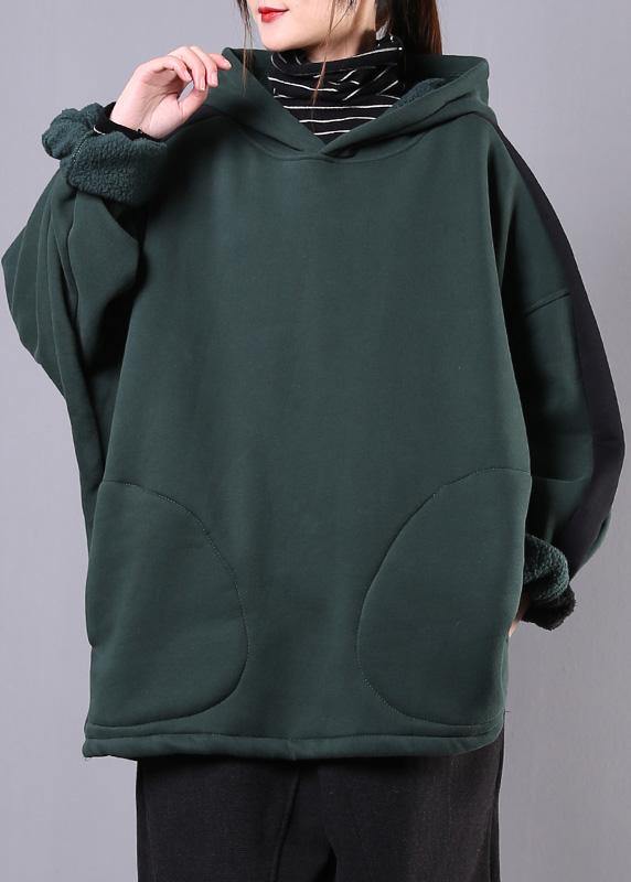 Art Blackish Green Cotton Blouse Hooded Patchwork Midi Fall Blouse