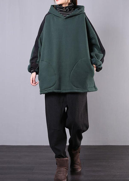 Art blackish green cotton Blouse hooded patchwork Midi fall blouse