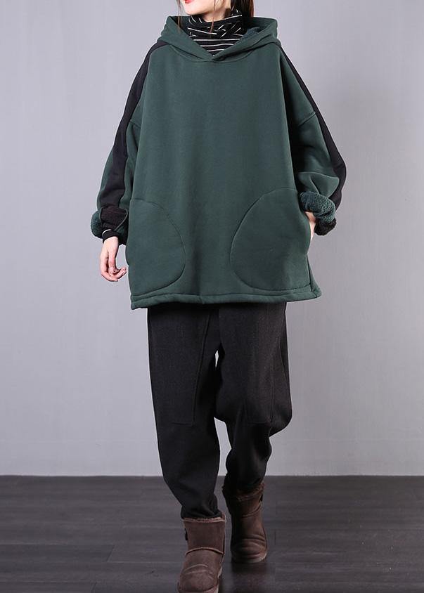 Art Blackish Green Cotton Blouse Hooded Patchwork Midi Fall Blouse