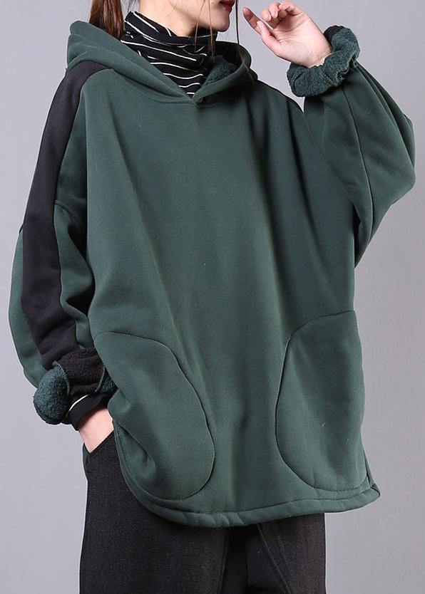 Art Blackish Green Cotton Blouse Hooded Patchwork Midi Fall Blouse