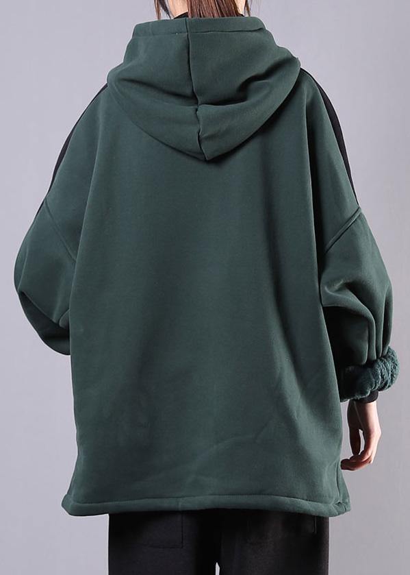 Art Blackish Green Cotton Blouse Hooded Patchwork Midi Fall Blouse