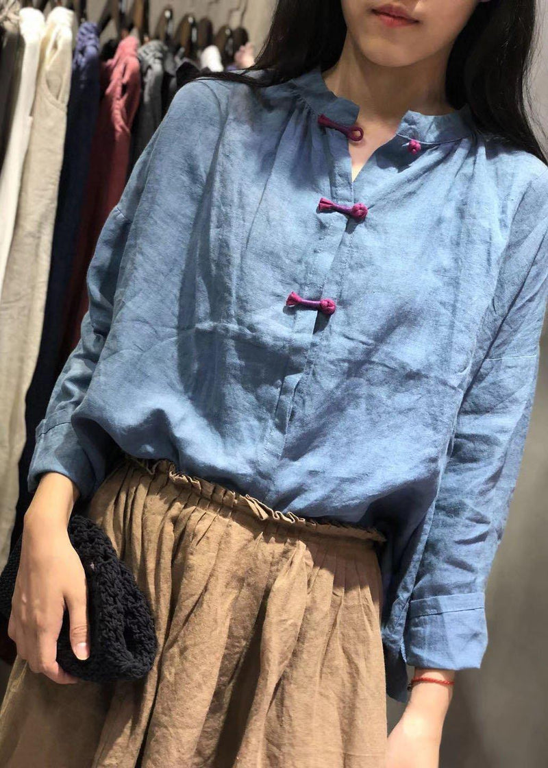Art Blue Linen Blouse Chinese Button Silhouette Fall Shirt