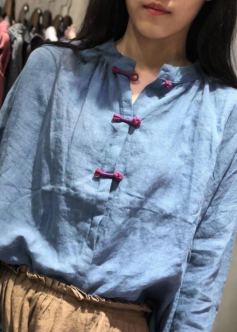 Art Blue Linen Blouse Chinese Button Silhouette Fall Shirt