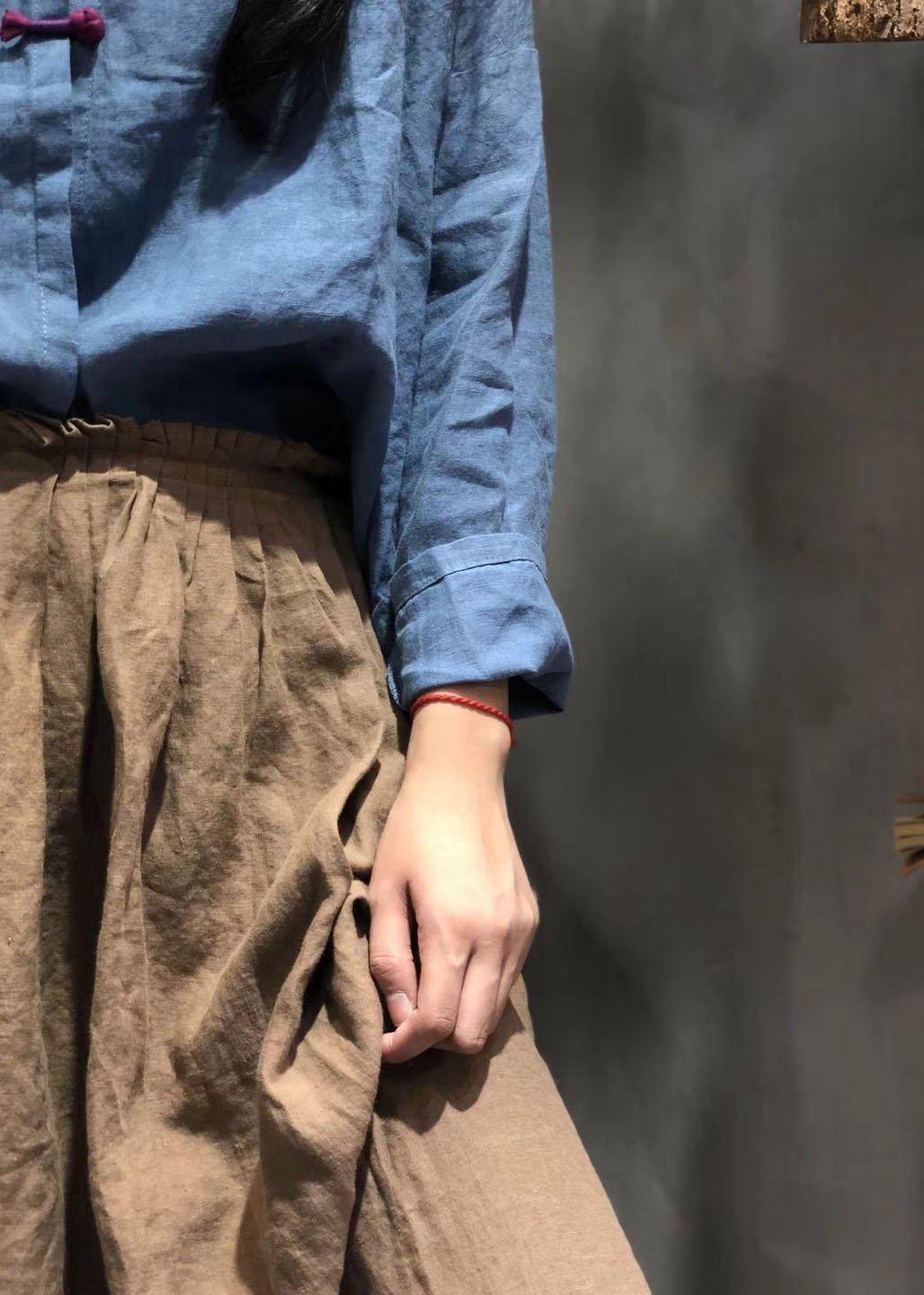 Art blue linen Blouse Chinese Button silhouette fall shirt