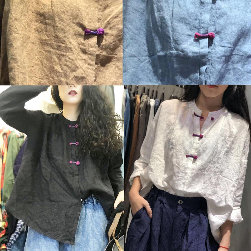 Art Blue Linen Blouse Chinese Button Silhouette Fall Shirt