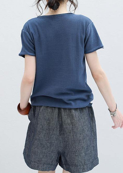 Art Blue Short Sleeve Cotton Blouse Cartoon Print Oversized Summer Shirts
