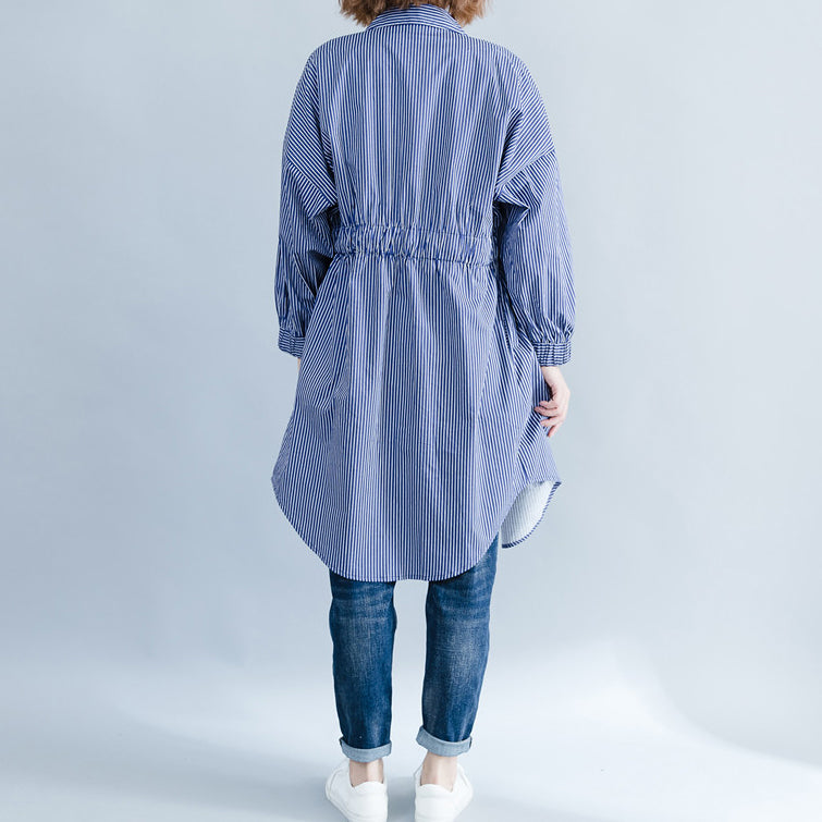 Art Blue Striped Cotton Crane Tops Pattern Turn-down Collar Dresses Blouses