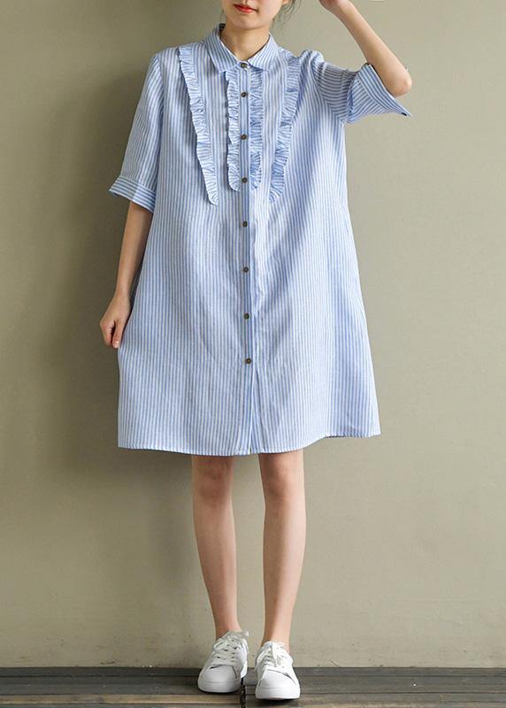 Art Blue Striped Linen Lapel Half Sleeve Summer Dress