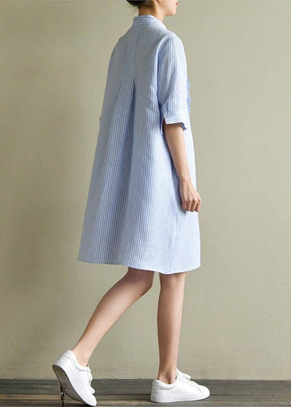 Art Blue Striped Linen Lapel Half Sleeve Summer Dress