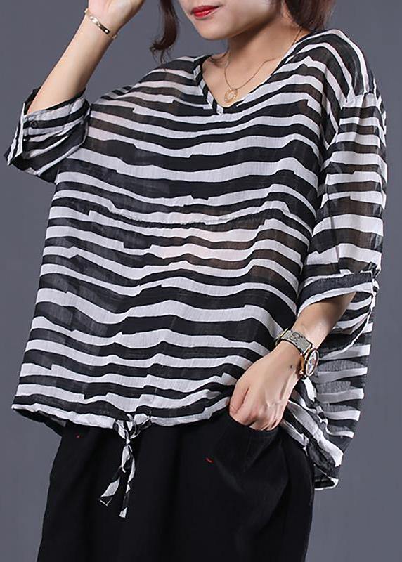 Art Cotton Shirts Adjustable Waist Stripes Loose Blouse