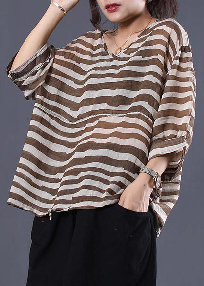 Art Cotton Shirts Adjustable Waist Stripes Loose Blouse