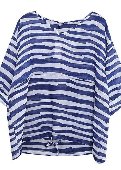 Art Cotton Shirts Adjustable Waist Stripes Loose Blouse