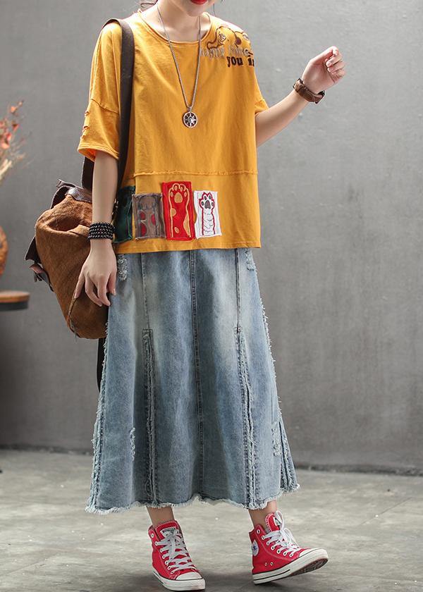 Art Cotton Tunic Top Pakistani Summer Yellow Loose Retro Ripped Hole Embroidery T-shirt