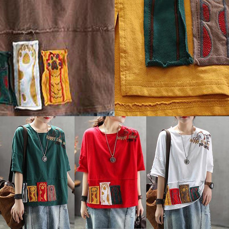 Art Cotton Tunic Top Pakistani Summer Yellow Loose Retro Ripped Hole Embroidery T-shirt