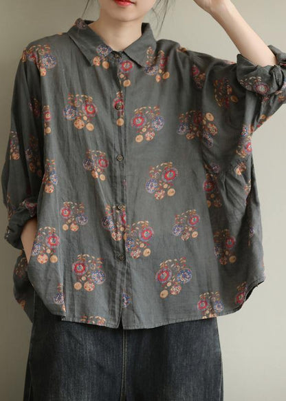 Art gray geometry tunic pattern lapel baggy fall top