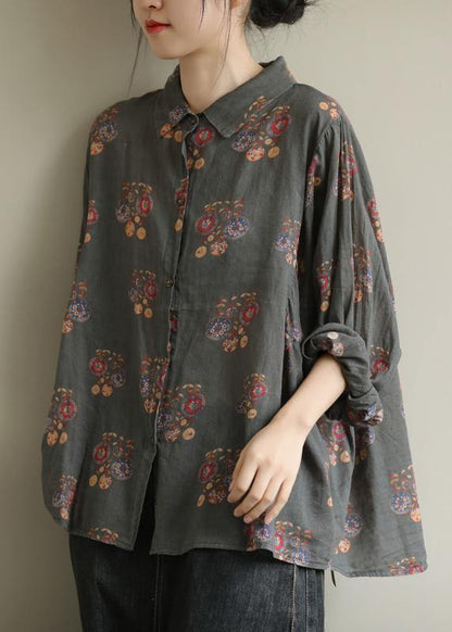 Art gray geometry tunic pattern lapel baggy fall top