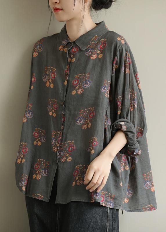 Art Gray Geometry Tunic Pattern Lapel Baggy Fall Top