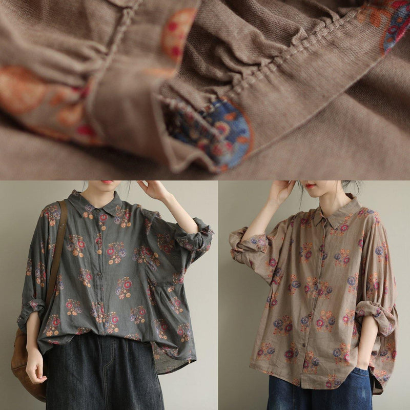 Art Gray Geometry Tunic Pattern Lapel Baggy Fall Top
