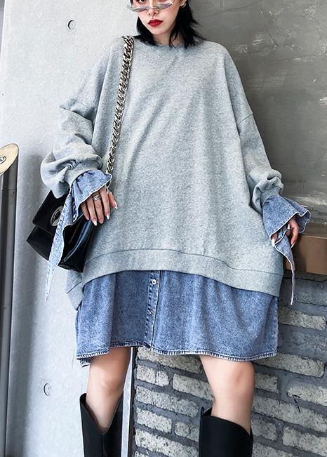 Art Gray Blouse O Neck False Two Pieces Oversized Blouses