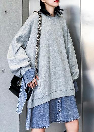 Art Gray Blouse O Neck False Two Pieces Oversized Blouses