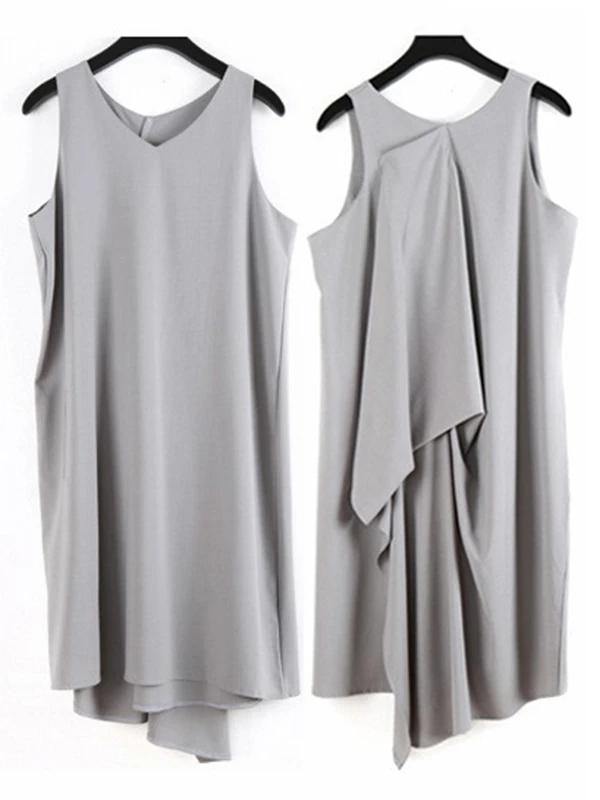 Art Gray Chiffon Dresses Sleeve O Neck Asymmetric Linen Robes Summer Dresses